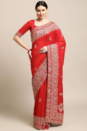 Women's Red Silk Blend Embroidered Designer Saree with Blouse