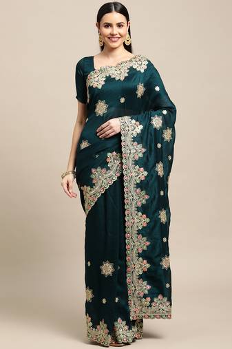 Women's Teal Silk Blend Embroidered Designer Saree with Blouse