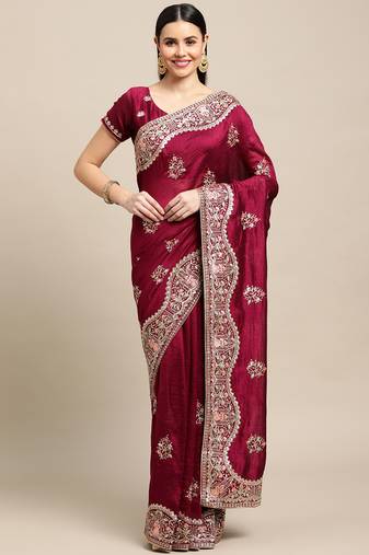 Women's Wine Silk Blend Embroidered Designer Saree with Blouse
