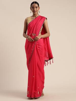 Pink Gota Patti Hand Embroidered Silk Saree 1