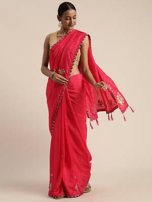 Pink Gota Patti Hand Embroidered Silk Saree 2