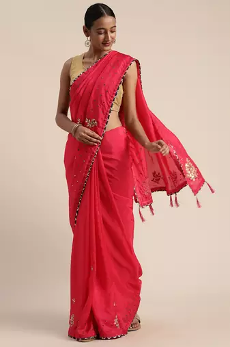 Pink Gota Patti Hand Embroidered Silk Saree