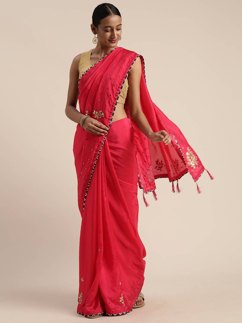 Pink Gota Patti Hand Embroidered Silk Saree