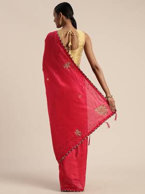 Pink Gota Patti Hand Embroidered Silk Saree 3
