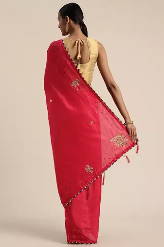 Pink Gota Patti Hand Embroidered Silk Saree