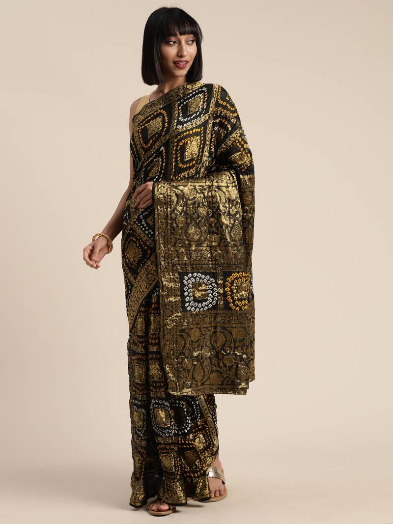 Floral Woven Design Zari Bandhani Saree