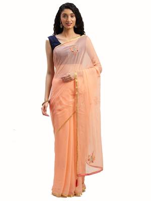 Peach Gota Patti Hand Embroidered Chiffon Sustainable Saree 1