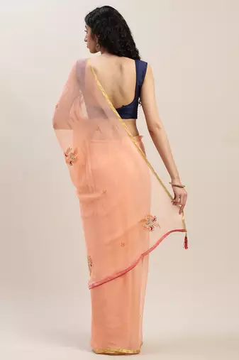 Peach Gota Patti Hand Embroidered Chiffon Sustainable Saree