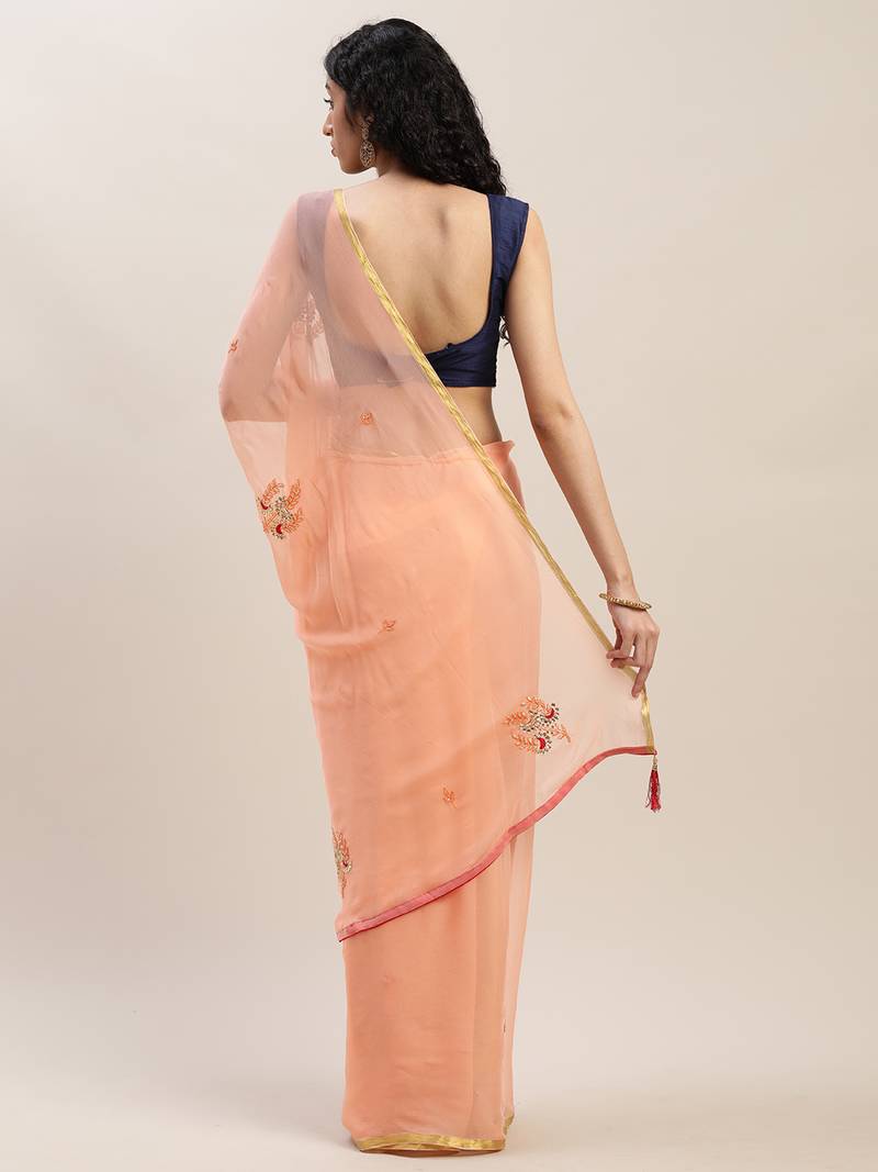 Peach Gota Patti Hand Embroidered Chiffon Sustainable Saree