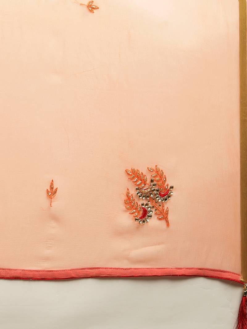 Peach Gota Patti Hand Embroidered Chiffon Sustainable Saree