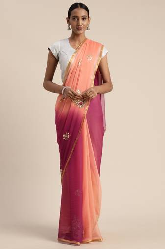 Peach & Red Gota Patti Hand Embroidered Pure Chiffon Saree