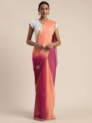Peach & Red Gota Patti Hand Embroidered Pure Chiffon Saree 1