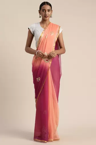 Peach & Red Gota Patti Hand Embroidered Pure Chiffon Saree
