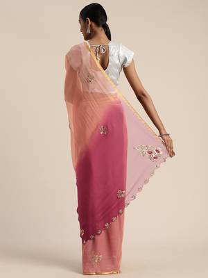 Peach & Red Gota Patti Hand Embroidered Pure Chiffon Saree 2