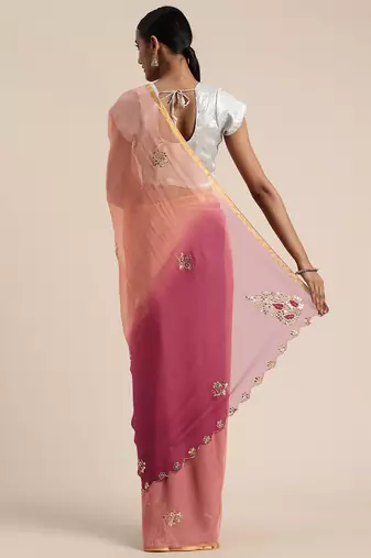 Peach & Red Gota Patti Hand Embroidered Pure Chiffon Saree
