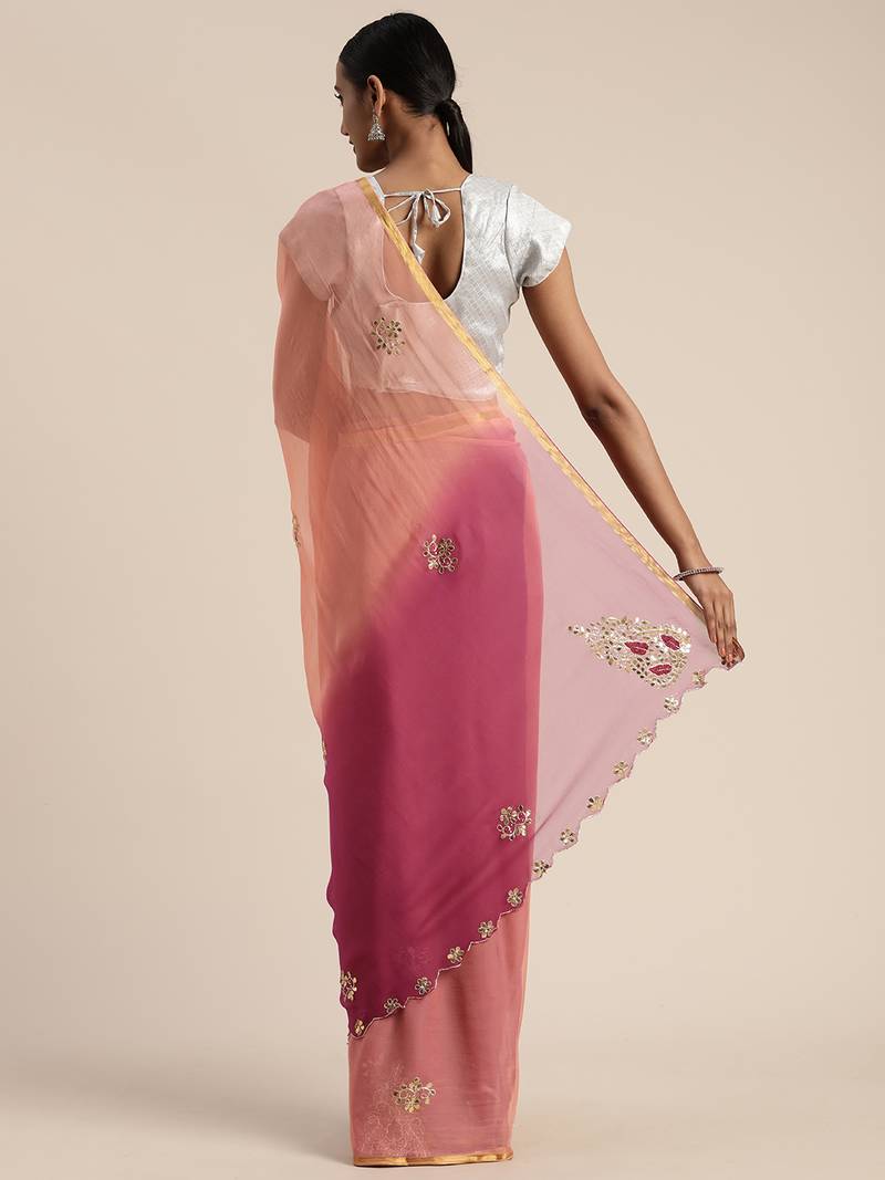 Peach & Red Gota Patti Hand Embroidered Pure Chiffon Saree