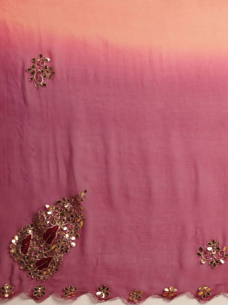 Peach & Red Gota Patti Hand Embroidered Pure Chiffon Saree
