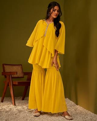 Mustard yellow draped and flared kurta and sharara set 1