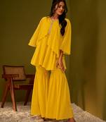 Mustard yellow draped and flared kurta and sharara set