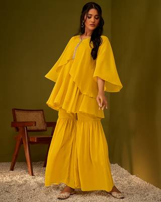 Mustard yellow draped and flared kurta and sharara set 2