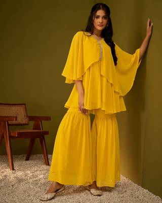 Mustard yellow draped and flared kurta and sharara set 3