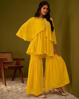 Mustard yellow draped and flared kurta and sharara set 4