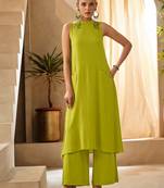 Green halter neck kurta and culottes set with front pocket