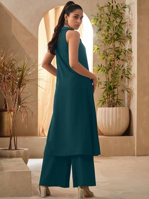 Teal blue halter neck kurta and culottes set with front pocket 5