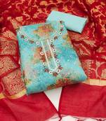 Sky blue color hand work work organza banarasi unstitched chudidar dress material - mrfc11343b