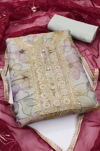 Grey color hand work work simmar cotton unstitched chudidar dress material - mrfc11348a