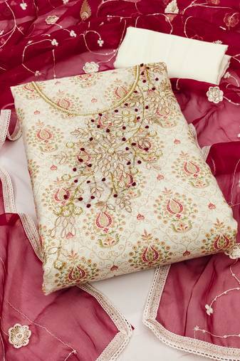 Off white color hand work work modal cotton unstitched chudidar dress material - mrfc11355a