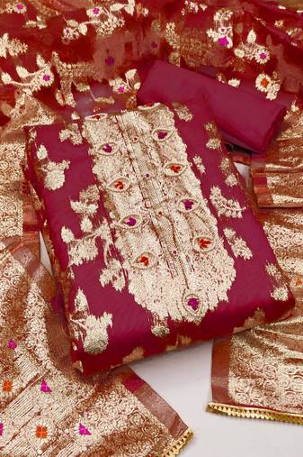 Maroon color hand work work organja banarasi unstitched chudidar dress material - mrfc11358b