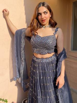  grey sequins georgette lehenga set choli with dupatta 2