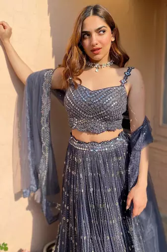  grey sequins georgette lehenga set choli with dupatta