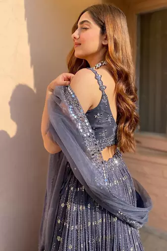  grey sequins georgette lehenga set choli with dupatta