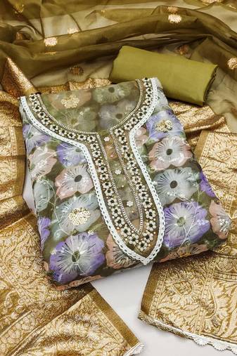 Multi color sequence work organja unstitched chudidar dress material - mrfc11360d