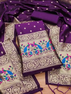 Purple floral woven banarasi silk dress material 1