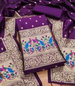 Purple floral woven banarasi silk dress material