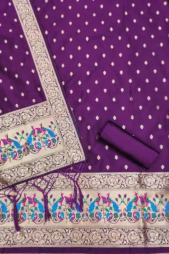Purple floral woven banarasi silk dress material