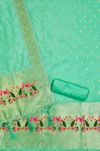 Sea green floral woven banarasi silk dress material