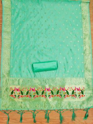 Sea green floral woven banarasi silk dress material 4