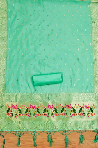 Sea green floral woven banarasi silk dress material