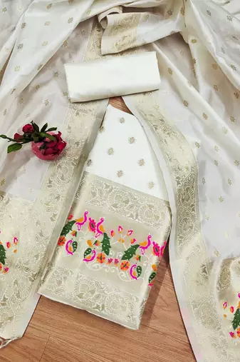 Off white floral woven banarasi silk dress material