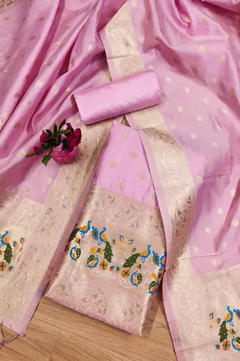 Baby pink floral woven banarasi silk dress material