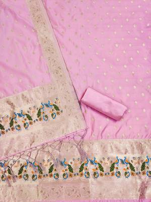 Baby pink floral woven banarasi silk dress material 3