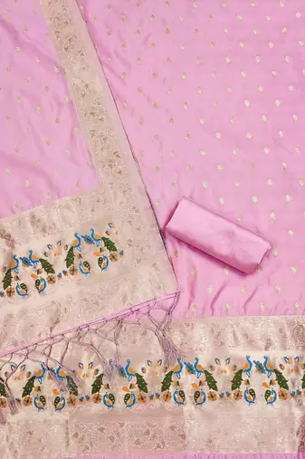 Baby pink floral woven banarasi silk dress material