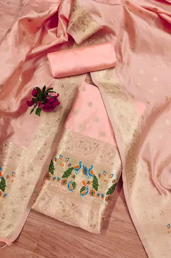 Peach floral woven banarasi silk dress material