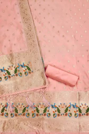 Peach floral woven banarasi silk dress material