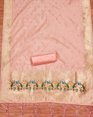 Peach floral woven banarasi silk dress material 4