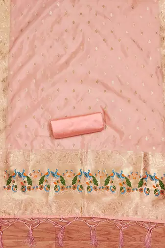 Peach floral woven banarasi silk dress material